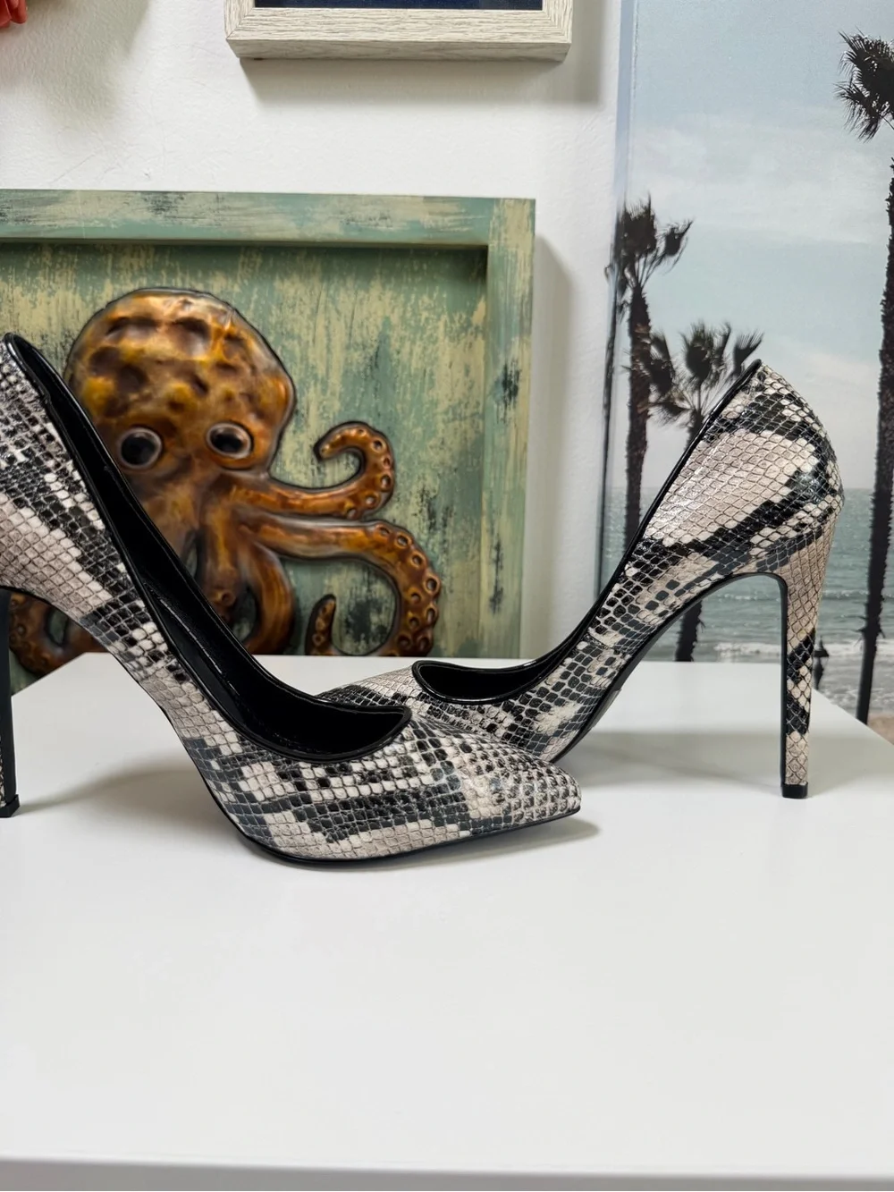 Snakeskin-Print Pointed Stiletto Pump in Black and Cream